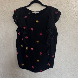 LOFT Black Floral Ruffle Sleeve Blouse - Pink & Yellow Flowers